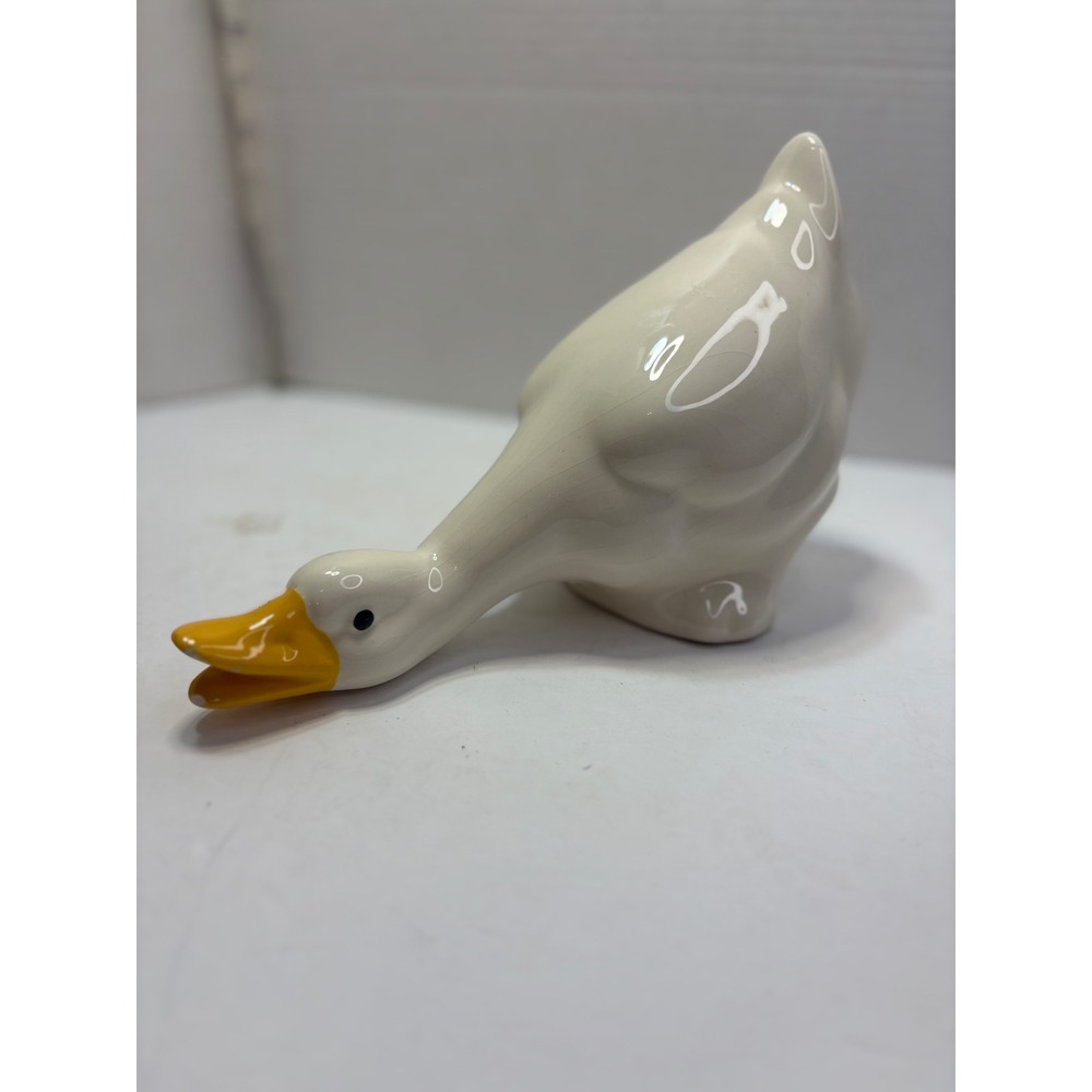 White Glazed Ceramic Goose Bending Figurine Farmhouse Decor Statuette Vintage